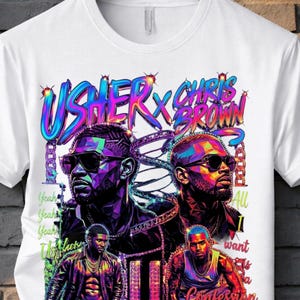 K&ouml;nnte beinhalten: Ein wei&szlig;es T-Shirt mit einem lebendigen, mehrfarbigen Grafikdruck von Usher und Chris Brown. Das Design zeigt stilisierte Portr&auml;ts, Ketten, Kronen und den Text "USHER X CHRIS BROWN" oben sowie den Schriftzug "Yeah" und "All I want is a Confession".