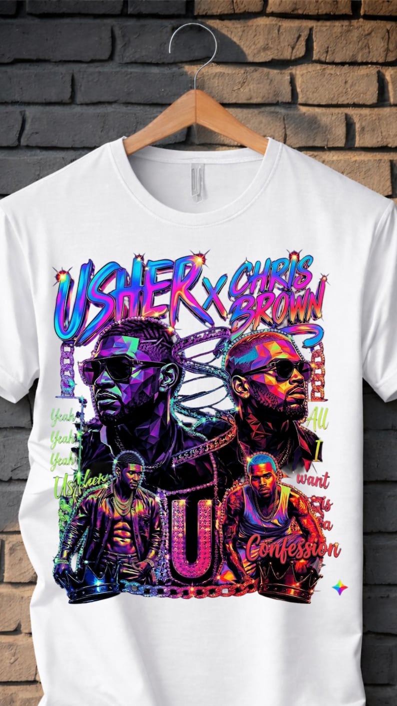 K&ouml;nnte beinhalten: Ein wei&szlig;es T-Shirt mit einem lebendigen, mehrfarbigen Grafikdruck von Usher und Chris Brown. Das Design zeigt stilisierte Portr&auml;ts, Ketten, Kronen und den Text "USHER X CHRIS BROWN" oben sowie den Schriftzug "Yeah" und "All I want is a Confession".