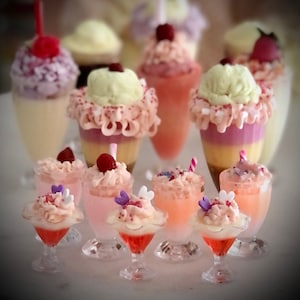 1:8 scale miniature milkshakes for dolls and dollhouses. Miniature fake milkshakes, jello cups.