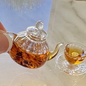 Miniature Glass Tea pot and Tea cups for 1 6 scale dolls, Tea set FOR Blythe dolls and Byers Choice dolls. Doll tea cups and teapots.