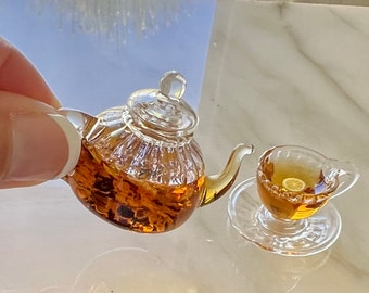 Miniature Glass Tea pot and Tea cups for 1 6 scale dolls, Tea set FOR Blythe dolls and Byers Choice dolls. Doll tea cups and teapots.