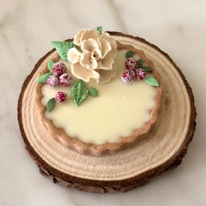 Miniaturowa tarta do 18-calowej lalki, imitacja ciasta, tarta z sernikiem, tarta z żurawiną. Imitacja jedzenia, jedzenie z gliny, jedzenie z gliny polimerowej