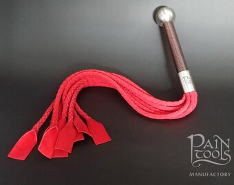 Pair Of 2 Real Leather BDSM Flogger Cat-O-Nine Tails, Red Roses Whip Flogger
