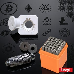 May include: A white tool with a circular aperture and a handle, next to a set of metal stamps in an orange container. The stamps are arranged in rows. Cryptocurrency symbols are in the background.