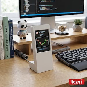 May include: A white digital stock market ticker display stands on a wooden desk, showing a NASDAQ chart with the text NASDAQ 22904 and 24H Change -1.51%. The device is connected by a grey coiled cable next to a panda figurine, books, and a keyboard.