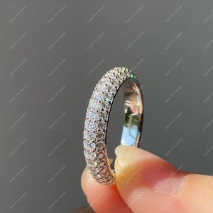 3 Sided Moissanite Diamond Band, Micro Pave Set Full Eternity Band, Stackable Wedding Bands Women,  Round Stone 925 Silver Anniversary Ring