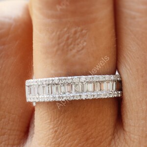 Moissanite Eternity Wedding Band Women, Baguette Diamond Wedding Band, Stackable Rings For Women, Anniversary Ring, Silver Micro Pave Band
