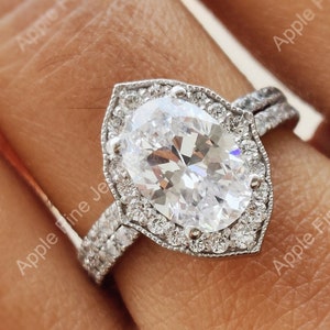 Art Deco Engagement Ring Set, Vintage Inspired Ring, Vintage Halo Wedding Ring Set, Antique Style Milgrain Ring, 925 Silver Ring Set