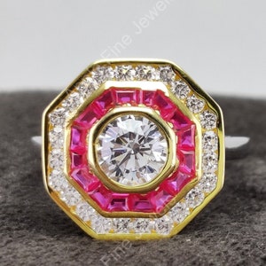 Art Deco Ruby Target Ring, Vintage Inspired Estate Rings, Two Tone Double Halo Engagement Ring, Antique Style Octagon Shape Ring