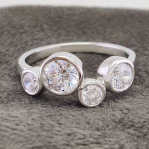 Bezel Set Moissanite Ring, 4 Stone Rub Over Diamond Ring, Scattered Stone Ring, Bubble Style Anniversary Rings Women, Gold Statement Ring