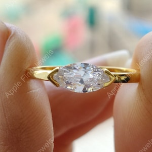 Marquise Engagement Ring, Marquise Moissanite Ring, Promise Ring, Silver East West Marquise Rings For Women, Anniversary Gift