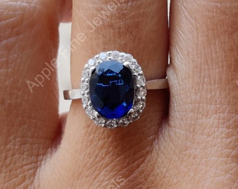 Sapphire Halo Engagement Ring, Vintage Rings For Women, September Birthstone Ring, Blue Gemstone Ring, Promise Ring For Her, 925 Silver