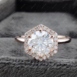 Hexagon Halo Engagement Ring Women, Round Cut Moissanite Halo Ring, Unique Geometry Ring, Promise Ring For Her