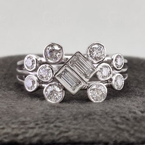 Moissanite Scatter Ring, Bezel Baguette Ring, Bubble Style Ring, Cluster Engagement Rings For Women, Gold & Silver Multi stone Ring