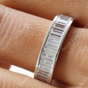 Baguette Moissanite Wedding Bands Women, 925 Silver Full Eternity Band, Channel Set Baguette Anniversary Rings, Matching Stackable Band