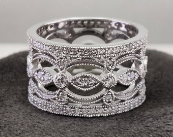 Vintage filigraan trouwring, antieke art deco verjaardagsringen voor vrouwen, unieke Milgrain brede band, zilveren Moissanite verlovingsband