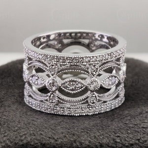 Vintage Filigree Wedding Band, Antique Art Deco Anniversary Rings For Women, Unique Milgrain Wide Band, Silver Moissanite Engagement Band