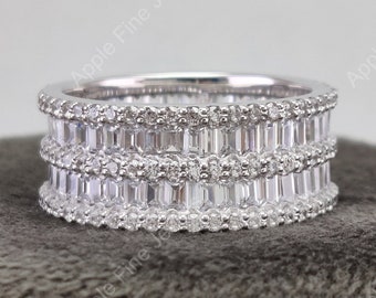 Baguette Wedding Band, Wide Band Rings For Women, Unique Full Eternity Band Ring, Cubic Zirconia Anniversary Rings, Silver Statement Ring