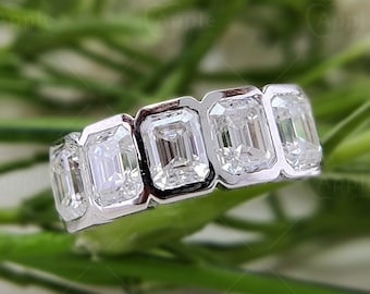 Bezel Set Emerald Cut Moissanite Ring, Sterling Silver Anniversary Band