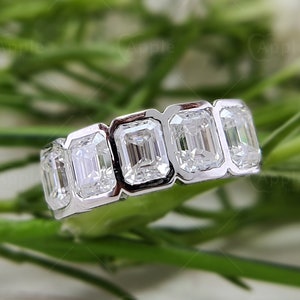 Bezel Set 5 Stone Emerald Cut Moissanite Ring, Five Stone Anniversary Rings For Women, Rectangle Stone Wedding Band, Bridal Stackable Ring
