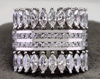 Sterling Silver Wide Band Moissanite Ring, Art Deco Anniversary