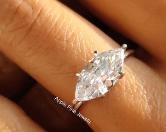 Marquise Moissanite Ring, East West Marquise Ring, Hidden Halo Engagement Ring, Promise Ring For Women, 925 Silver Wedding Ring