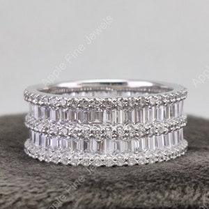 Baguette Wedding Band, Wide Band Rings For Women, Unique Full Eternity Band Ring, Moissanite Anniversary Rings, Silver Statement Ring