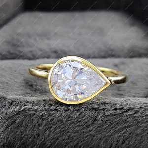 East West Engagement Ring Women, East To West Ring, Horizontal Pear Ring, Bezel Set Solitaire Ring, Silver Moissanite Teardrop Ring