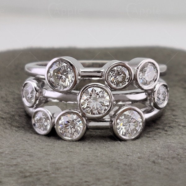 Three Row Moissanite Bubble Ring, Scattered Diamond Ring, Bezel Set Statement Ring, Multi Stone Cocktail Ring, Solid Gold Cluster Ring