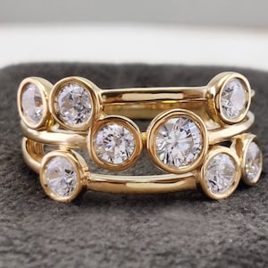 Multi Stone Moissanite Ring, Scattered Bubble Ring Set, Solid Gold Three Row Ring, Cluster Ring, Unique Bezel Set Engagement Rings For Women
