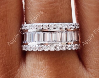 3 Row Moissanite Wide Wedding Band, Anniversary Band Ring For Women, Channel Set Baguette Half Eternity Band Baguette And Round Diamond Band
