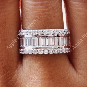 3 Row Moissanite Wide Wedding Band, Anniversary Band Ring For Women, Channel Set Baguette Half Eternity Band Baguette And Round Diamond Band