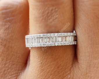 Moissanite Eternity Wedding Band Women, Baguette Diamond Wedding Band, Stackable Rings For Women, Anniversary Ring, Silver Micro Pave Band