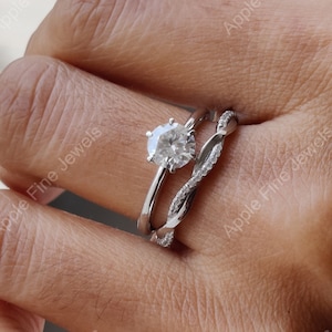 Moissanite Wedding Ring Set, Solitaire Twisted Engagement Ring Set, Promise Ring For Her, Stackable Matching Band, Silver Rings For Women