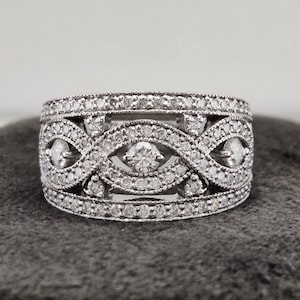 Moissanite Wide Anniversary Rings For Women, Milgrain Vintage Wedding Band, Art Deco Thick Promise Ring, Unique Moissanite Band Ring Silver