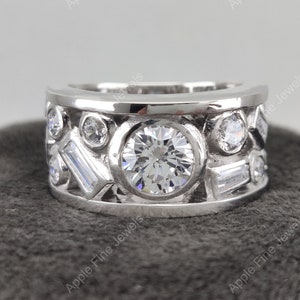 Multi Stone Wedding Band, Antique Wide Wedding Bands Women, Bezel Set Engagement Band, 925 Silver Bubble Ring, Thick Anniversary Bands