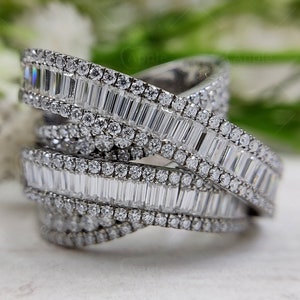 Moissanite Multi Layered Ring, Crossover Statement Ring, Criss Cross Cocktail Ring, Intertwined Silver Ring, Multi Row Anniversary Ring