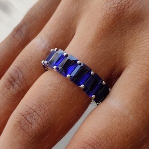 Vintage Sapphire Wedding Band, Blue Emerald Eternity Ring, Unique Stacking Ring, Silver Matching Bridal Ring, Anniversary Rings For Women