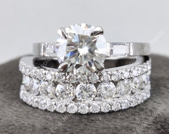 Moissanite Bridal Ring Set, 925 Sterling Silver, Half Eternity Band