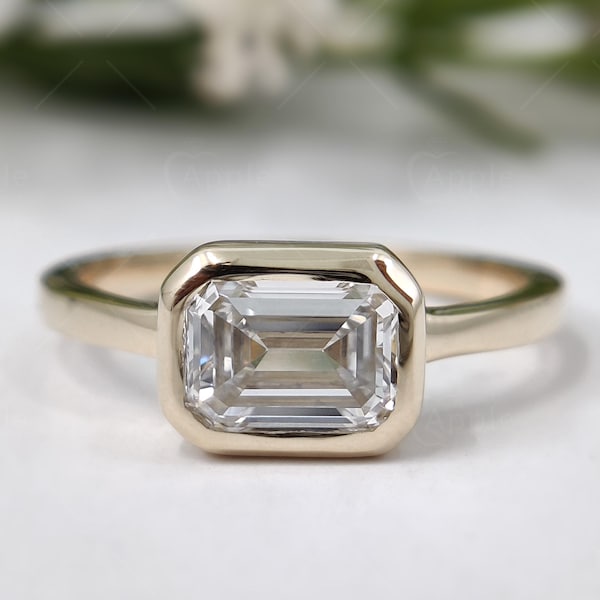 Bezel Set Emerald Cut Moissanite Ring, Sterling Silver Promise Ring
