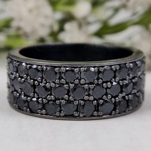 Mens Black Wedding Band, Black Moissanite Full Eternity Band, Micro Pave 3 Row Band Ring, Engagement Band For Men, Anniversary Husband Gift