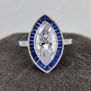 Sapphire Target Ring, Art Deco Vintage Engagement Ring, Marquise Moissanite Ring, Antique Estate Rings For Women, Milgrain Ring