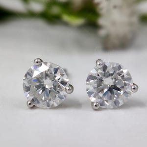Triple Martini Setting Prongs Stud Earrings, Three Prongs Set Stud Earrings, Moissanite Round Cut Studs In Gold