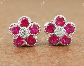 Ruby Diamond Flower Stud Earrings, Sterling Silver Bridesmaid Gifts