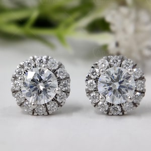 Moissanite Round Cut Halo Stud Earrings For Women, Classic Everyday Earrings In Solid Gold, Anniversary Gifts