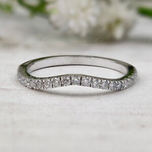 Moissanite Arched Wedding Bands Women, Curved Wedding Anniversary Ring, White Gold Stacking Ring, Bridal Matching Band, Dainty Gold Ring