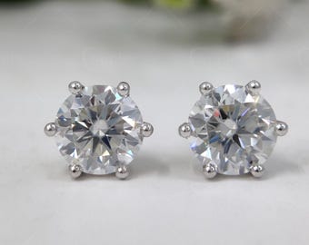 Moissanite Stud Earrings, 925 Sterling Silver, 6 Prong Solitaire