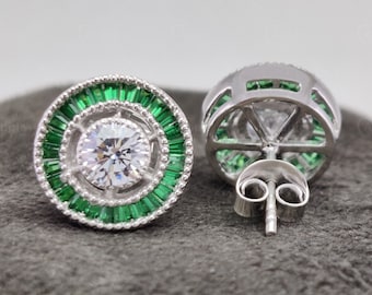 Art Deco Emerald Halo Stud Earrings, 925 Sterling Silver