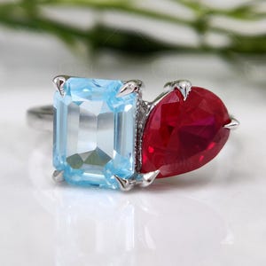 Toi Et Moi Engagement Ring, March / July Birthstone Ring, Two Stone Ring, Dual Gemstone Ring, Aquamarine And Ruby Rings Women, Gift For Mom