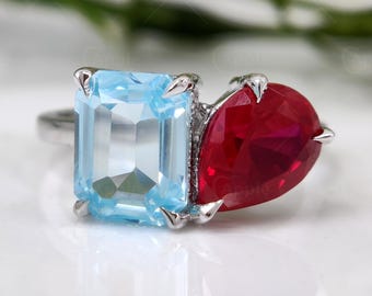 Toi Et Moi Engagement Ring, March / July Birthstone Ring, Two Stone Ring, Dual Gemstone Ring, Aquamarine And Ruby Rings Women, Gift For Mom